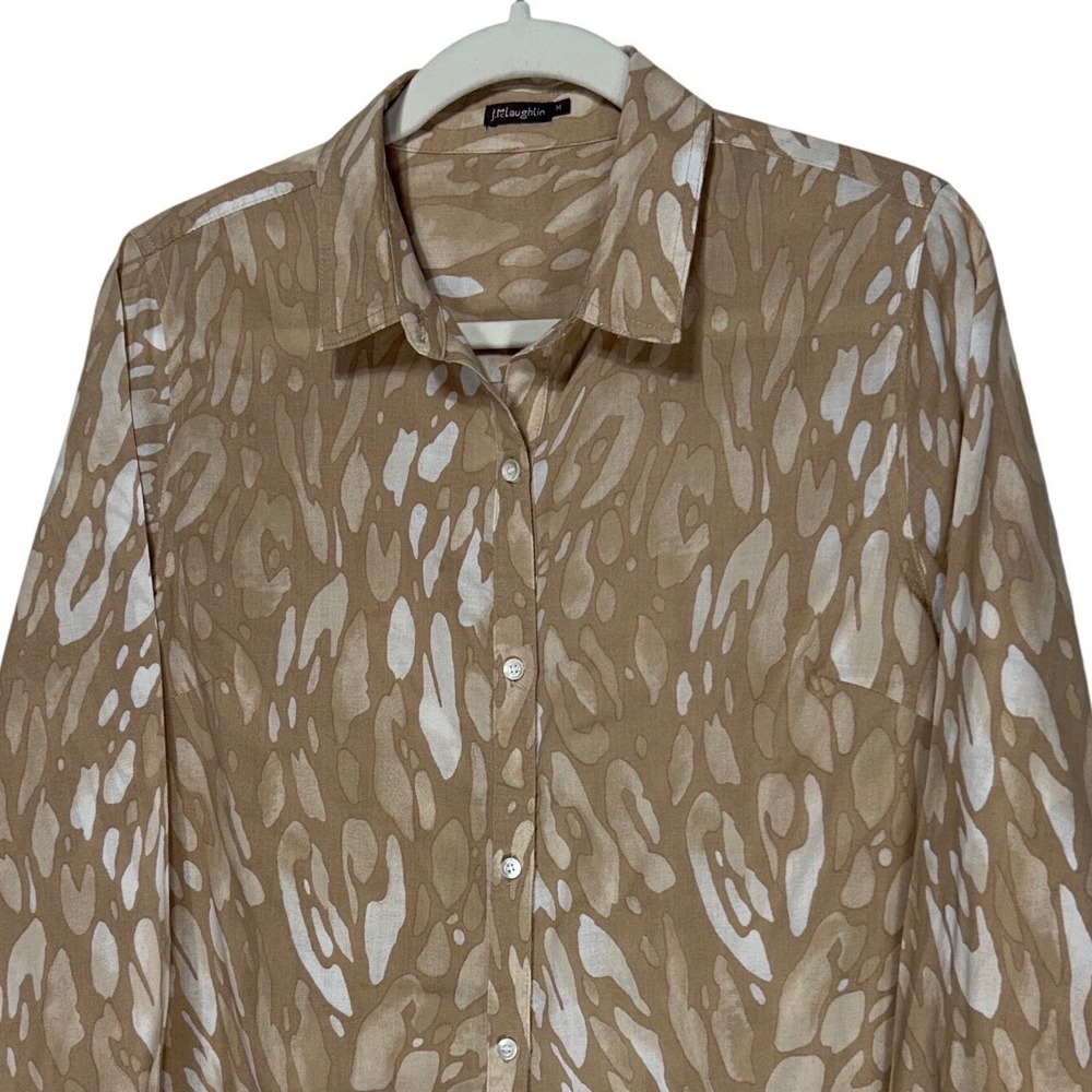 J.McLaughlin Tan White Abstract Animal Print Button Down Shirt Women's Sz Medium
